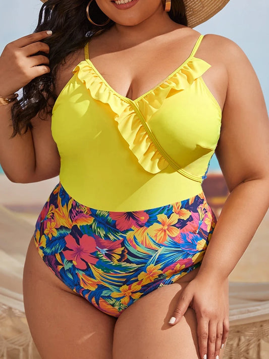 Large Plus Size Swimsuit Women One Piece Floral Ruffle Swimwear Female Bathers Bathing Swimming Swim Suit Beachwear