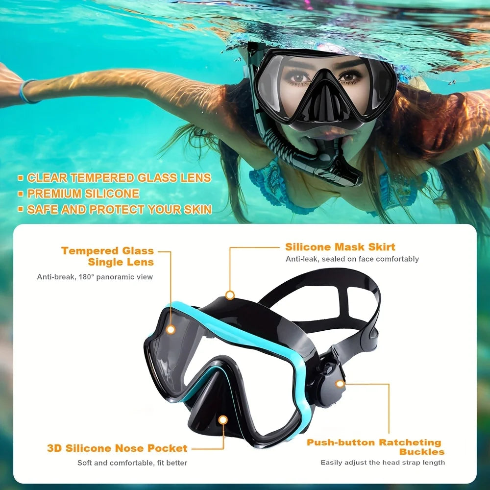 Scuba Diving Mask Snorkel Set For Adults Tempered Glass Professional Panoramic Snorkeling Gear Swimming Training Snorkel Kit