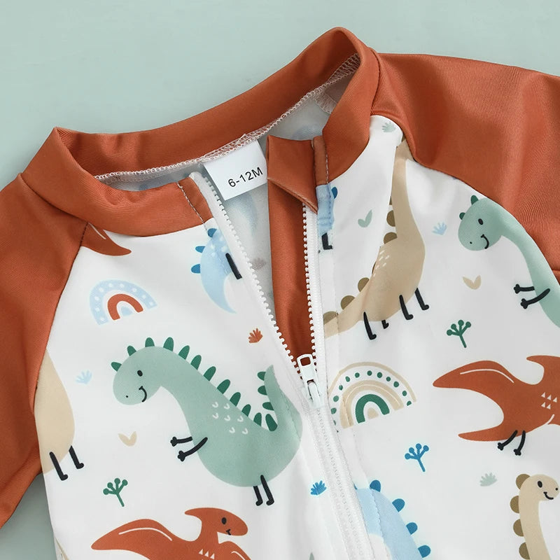 Toddler Infant Baby Kid Boy Swimsuit Dinosaur Pattern Short Sleeve Half Zipper Non-Pilling Rash Guard Swimwear Sunhat Set