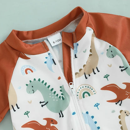 Toddler Infant Baby Kid Boy Swimsuit Dinosaur Pattern Short Sleeve Half Zipper Non-Pilling Rash Guard Swimwear Sunhat Set