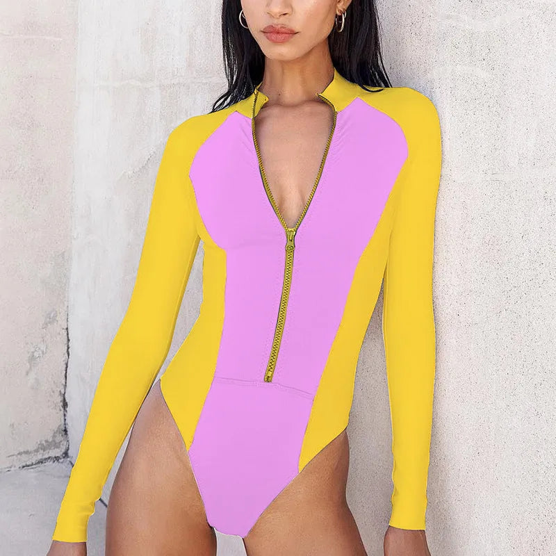 Patchwork One-Piece Swimsuit Long Sleeve Swimwear Sports Backless Women's Swimming Bathing Suit Beach Wear Bather Surfing