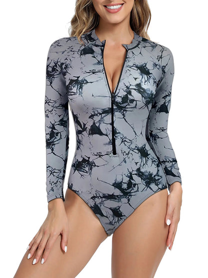 Floral Printed Long Sleeve Surfing Swimsuit With Zipper Women Swimwear Female Bathers Bathing Swimming Swim Suit Beachwear