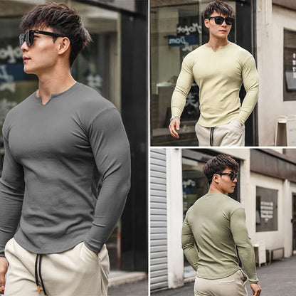 Fashion Casual Compression Shirt Large Sports Workout T-shirt Men's Elastic Long Sleeve Autumn V-Neck Gym
