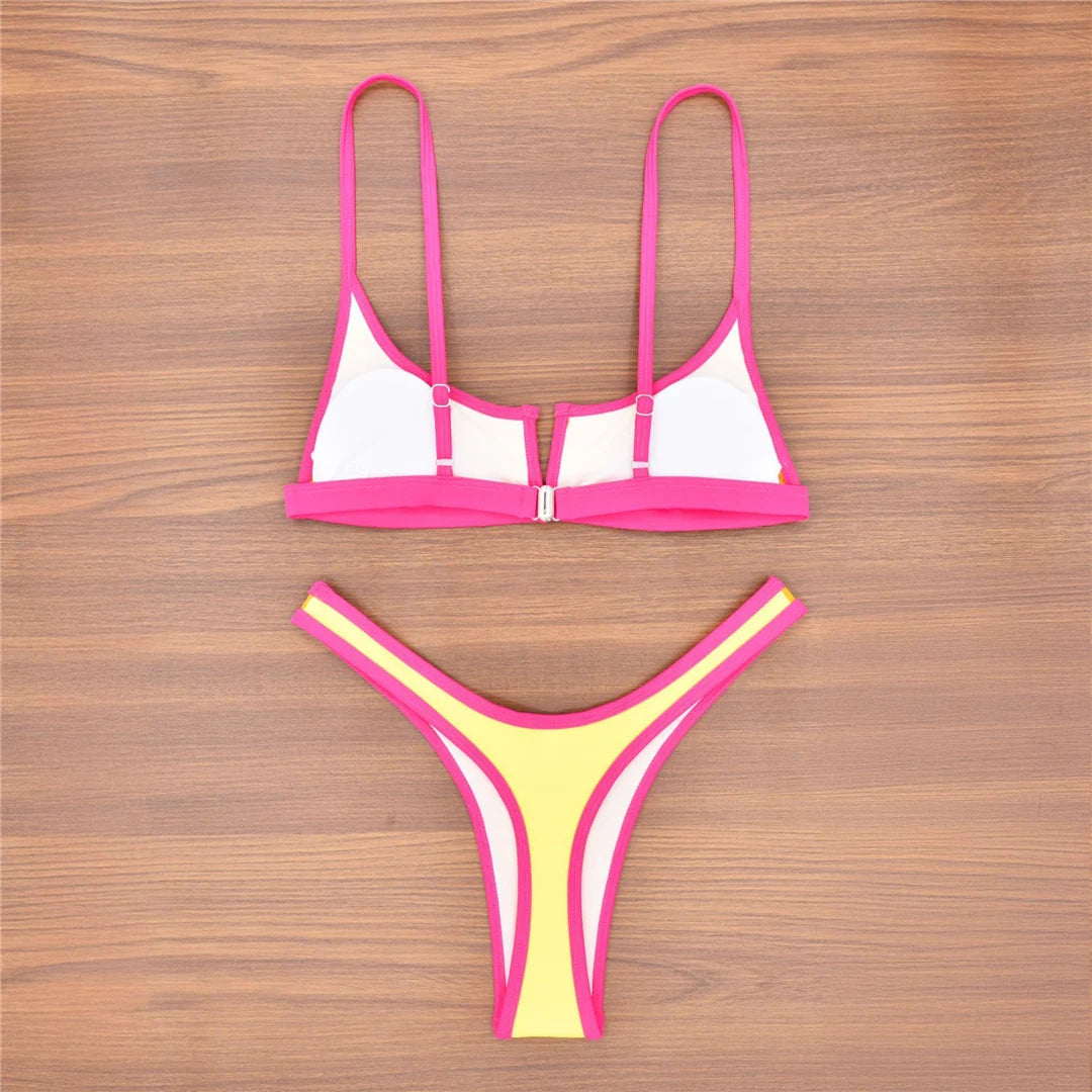 S - XL Splicing V Shaped High Leg Cut Bikini Female Swimsuit Women Swimwear Two-pieces Bikini set Bather Bathing Suit Swim