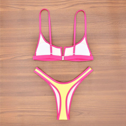 S - XL Splicing V Shaped High Leg Cut Bikini Female Swimsuit Women Swimwear Two-pieces Bikini set Bather Bathing Suit Swim