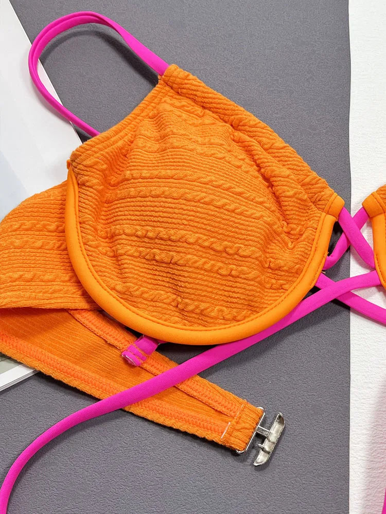 Solid Strapped Swimwear Women Cross Push Up Bikini High Cut Thong Swimsuit Lady Beach Brazilian Bathing Suit