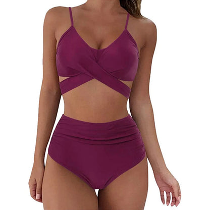 12 Colors Women Slim Bikini Sets High Waisted Swimwear 2 Pieces Solid/Floral Ruched Brazilian Swimsuit Cross Front