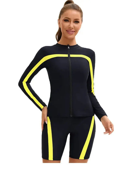 Women's Long Sleeve 3-Piece Swim Set UPF 50+ Rashguard Top High Waist Swim Shorts Full Coverage Modest Swimwear for Diving