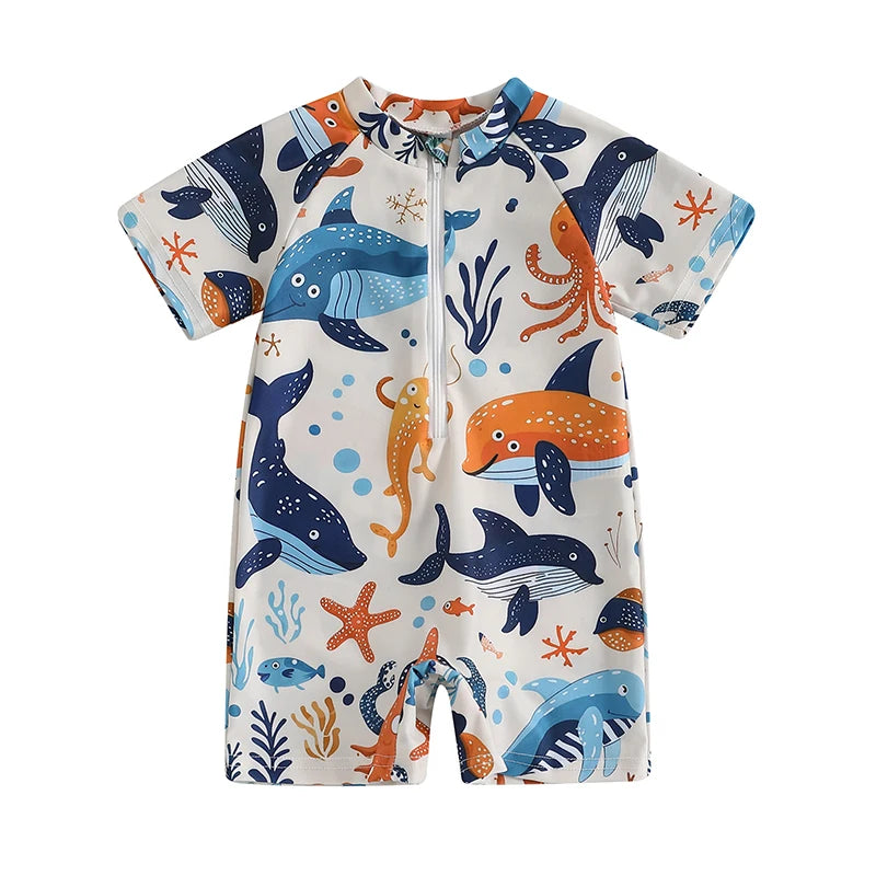 0-3Years Baby Boy Girl Rash Guard Swimsuits Fashion Print Short Sleeve Zip Up Rompers Bathing Suit Toddlers Swimwears Beachwear