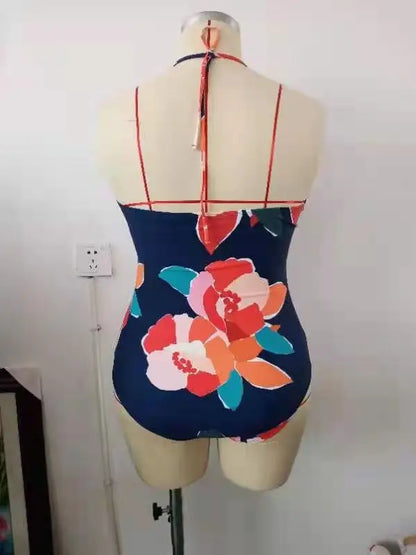 Print Push Up Plus Size Swimwear Women Tied Halter Large Big One Piece Swimsuit Curvy Brazilian Bathing Suit