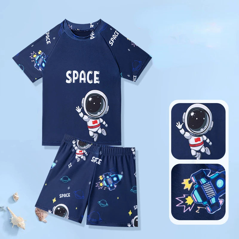Printed Astronaut Swimsuit for Boys, Small Spaceship, Teenage Children's Two Piece Swim Suit, Student Training Swimwear, 2-14Y