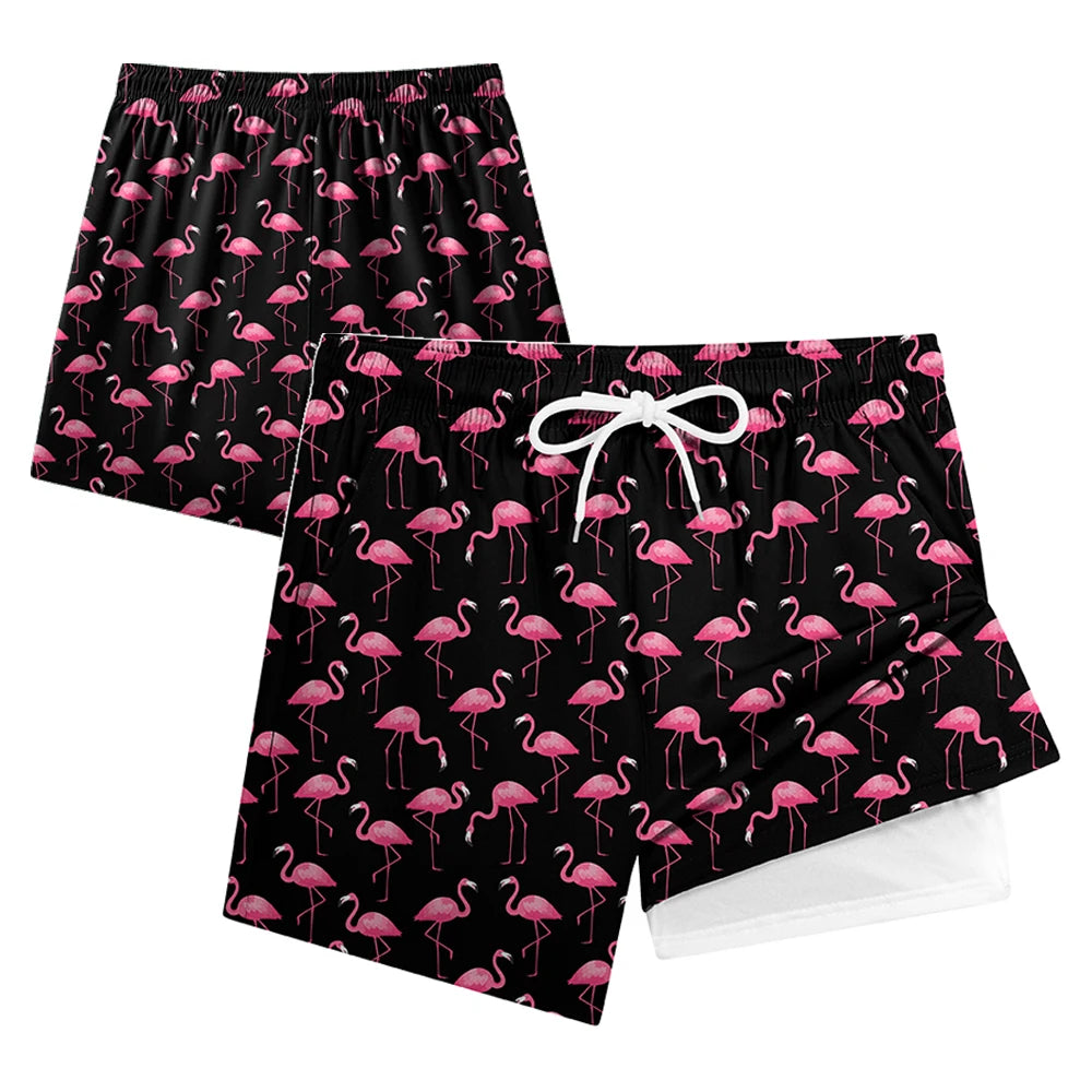 Men Summer Quick Dry Beach Board Shorts Breathable with Compression Liner & Phone Pocket Elastic Waist Multiple Colors Available