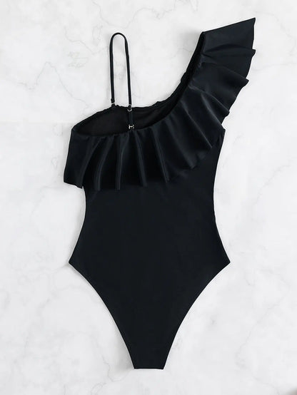Ruffle Contrast Mesh Swimsuit Women One Piece Swimwear Bodysuit Bathers Bathing Swimming Swim Suit Sports Beachwear