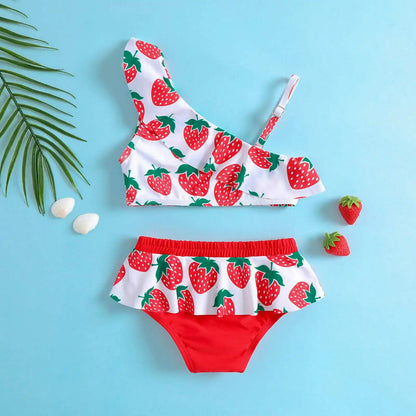 Child Girl Strawberry Print Bikini Set Lovely Kid Swimsuit Stylish Flouncing Swimwear Hot Summer Beachwear