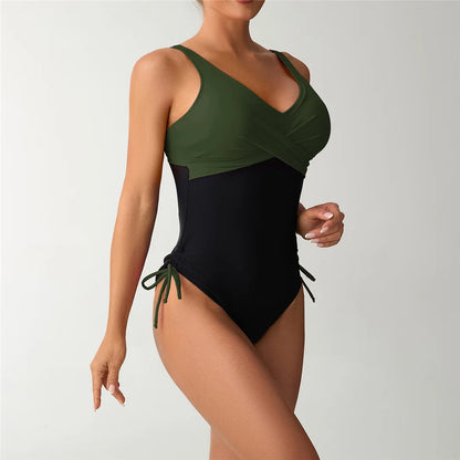 S - XXL Splicing V Neck Backless Women Swimwear One Piece Swimsuit Female High Leg Cut Padded Bather Bathing Suit Swim