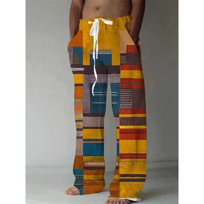 Men's Casual Summer Trousers Colorful Patchwork Print Drawstring Lightweight Elastic Waist With Pockets Relaxed Fit Pants