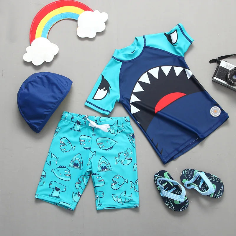 Boys' Cartoon-Print Short-Sleeve Rash Guard & Shorts Set