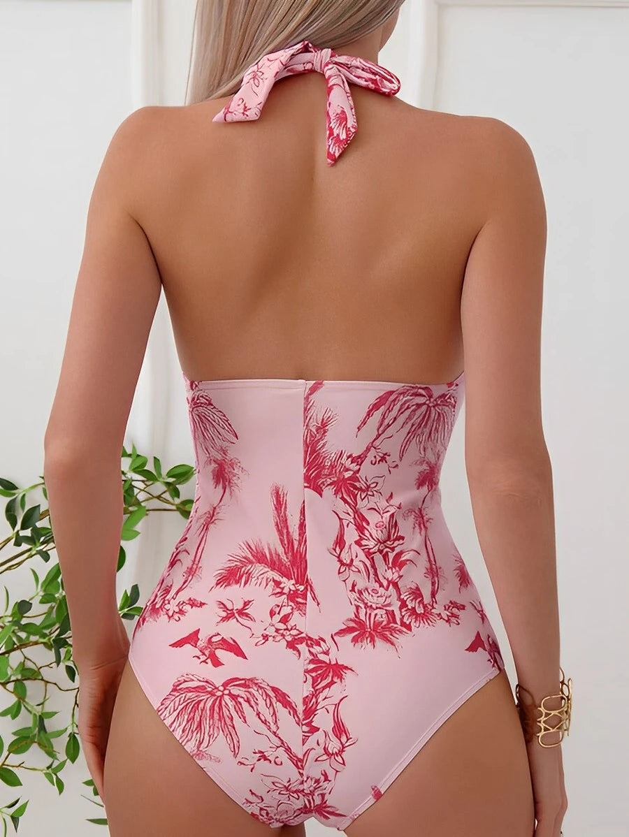 Ruched Halter Swimsuit One Piece Swimwear Women Bathers Bathing Swimming Swim Suit Female Beachwear