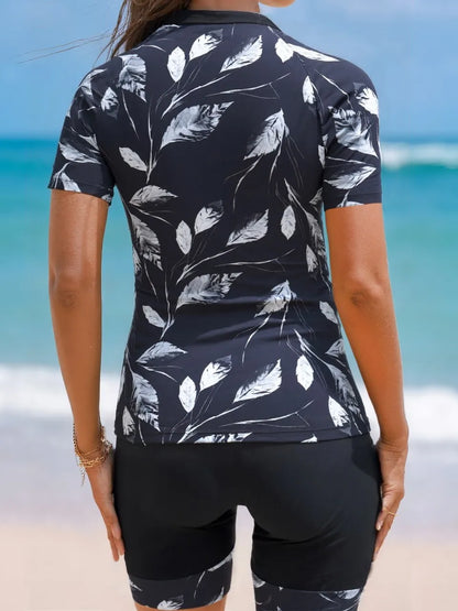 Short Sleeve Tankini Leaf Printed Swimsuit Women Two Pieces Zipper Swimwear Female Bathing Swimming Suit Beachwear