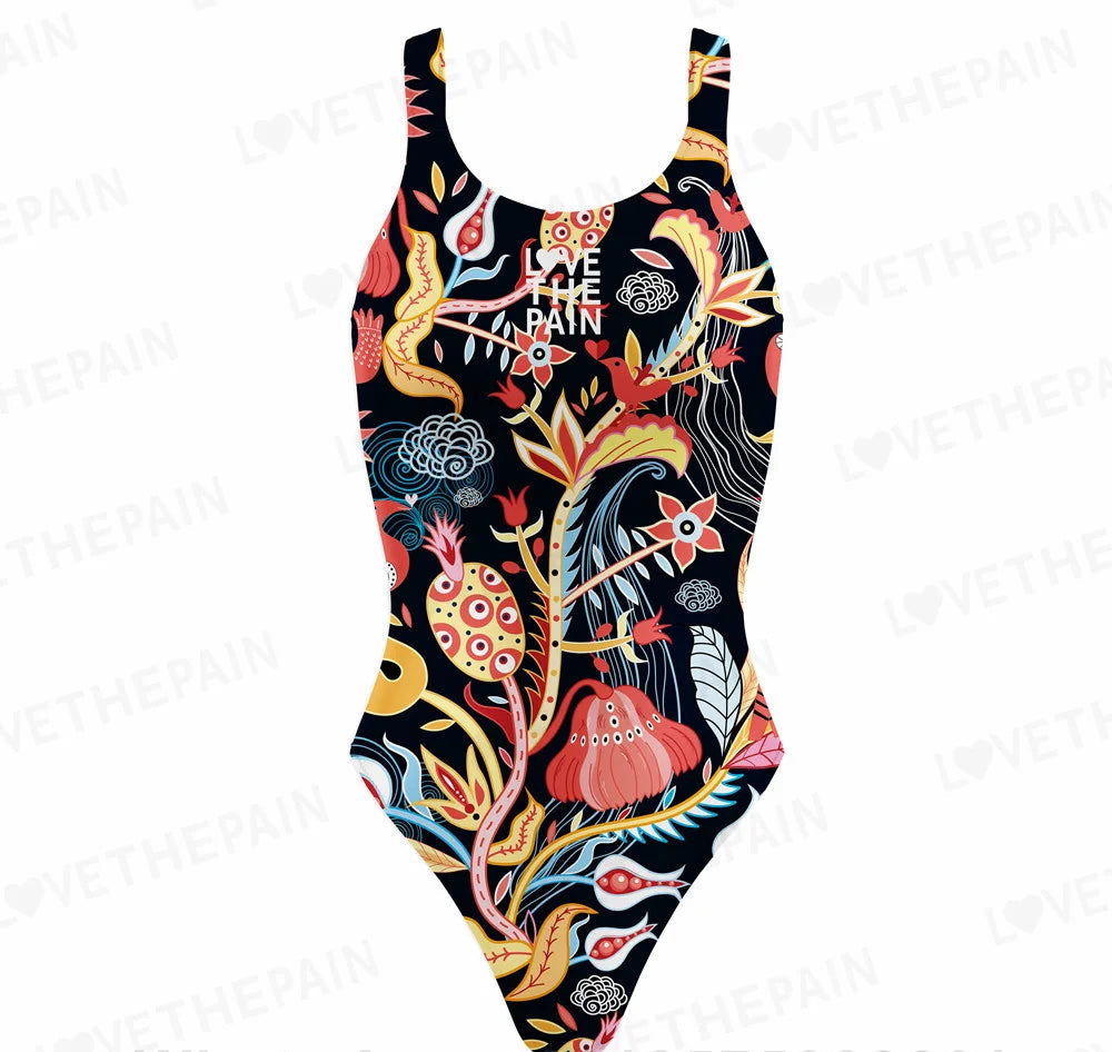 A multicolored floral print women's one-piece swimsuit with a high-waisted design.
