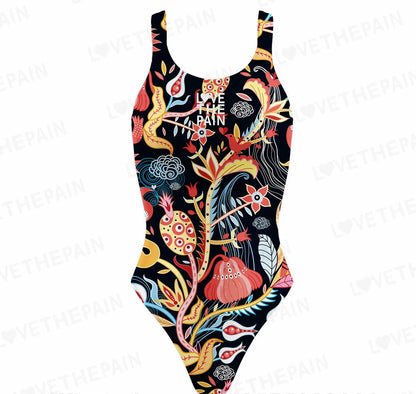 A multicolored floral print women's one-piece swimsuit with a high-waisted design.