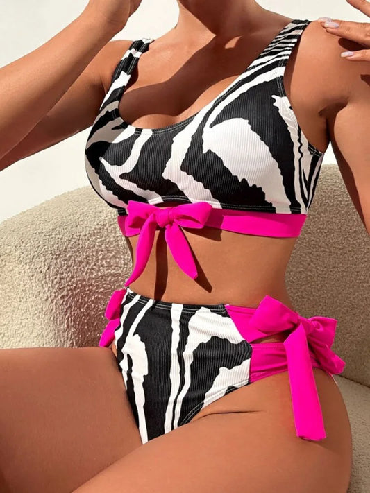 Black Zebra Print Bow Patchwork Bikini Set Women Push Up High Waist Swimsuit Beach Bathing Suit Two Piece Swimwear