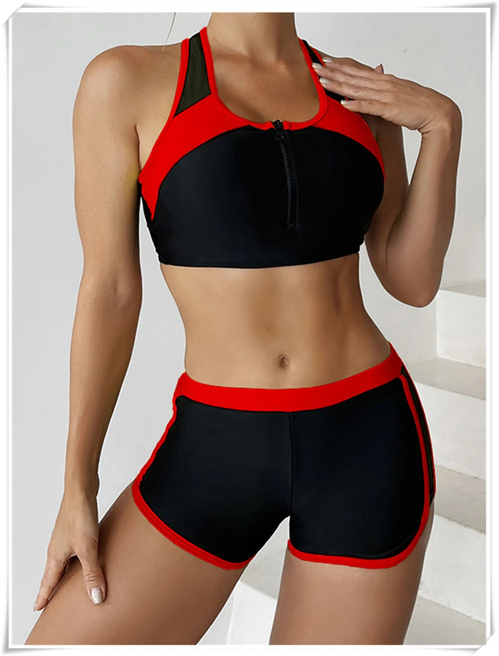 Two Piece Swimsuit Women Zipper Tankini Set High Waist Shorts Swimwear Female Bathing Swimming Suit Sports Beachwear Summer