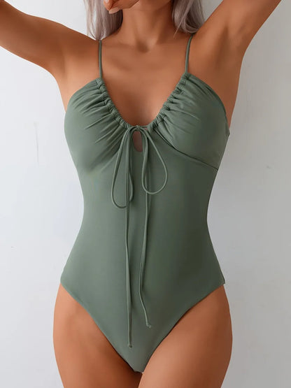 Slim Strappy Swimsuit One Piece Army Green Tie String Swimwear Female Bathers Bathing Swimming Suit Padded  Beachwear