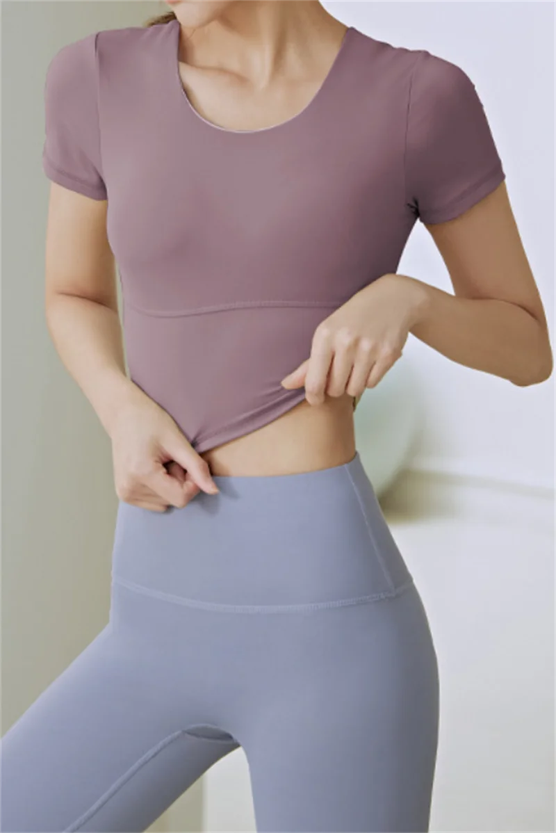 Yoga Short Sleeve with Build-in Cup Yoga Crop Tops Gym Crops Pilates Workout Top Fitness Active Wear Crisscross Back