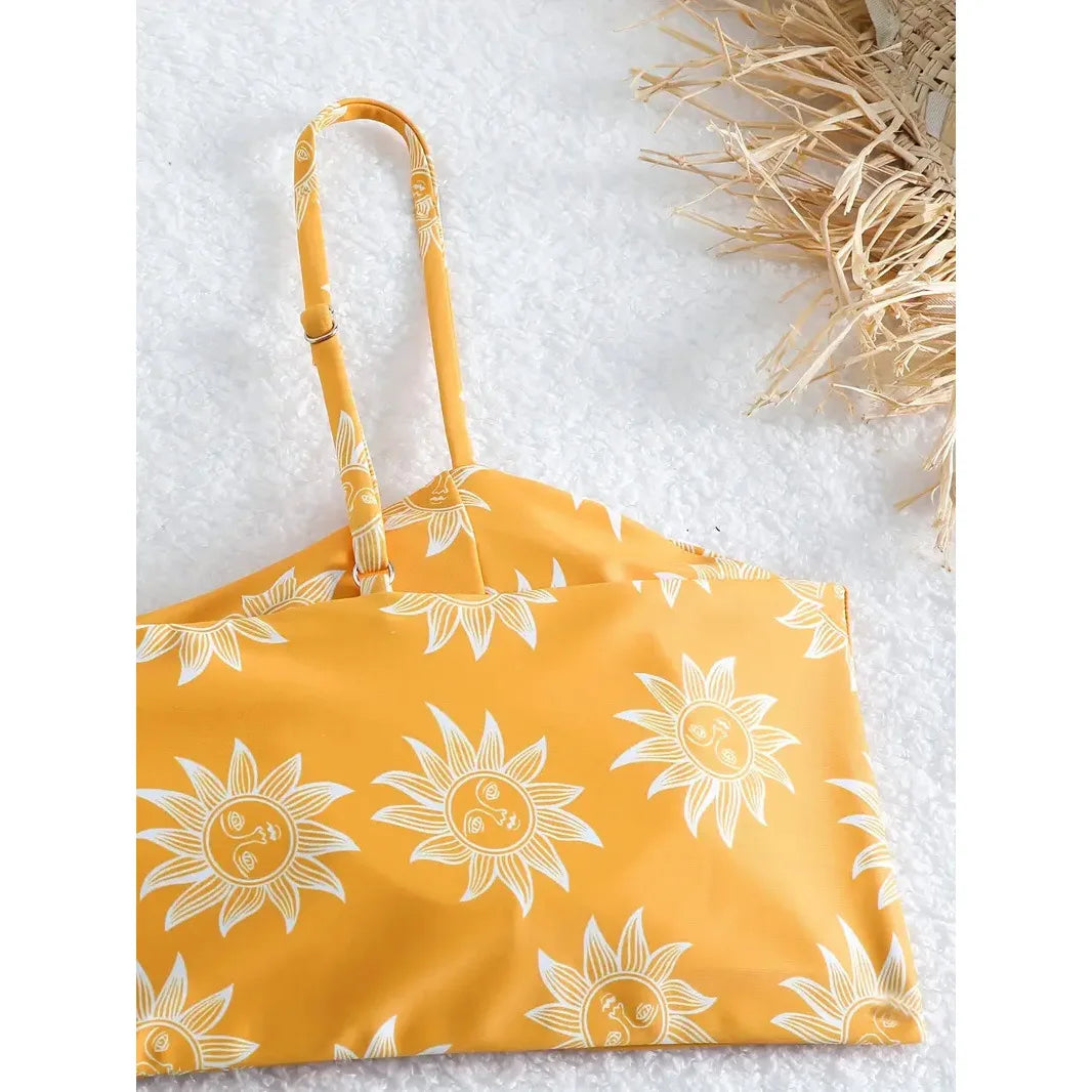 Solid Yellow Bikini High Cut Flower Women's Swimsuit Separate Beach Bathing Suit High Waist Swimwear