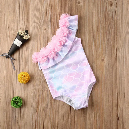 Baby Girls  Bathing Suit Sleeveless Fish Scale Print Swimsuit Ruffle Flower Neckline Swimwear