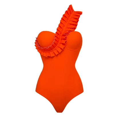 Women Monokini One-Piece Swimsuit Female Solid Bathing Suit Vacation Beachwear Ruffle Swimming Suit