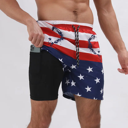 Men Swimwear Summer Gym Beach Shorts Male Quick Dry Sport Swimming Shorts Trunks Sexy Swimsuit 2 In 1 Man Board Shorts Beachwear