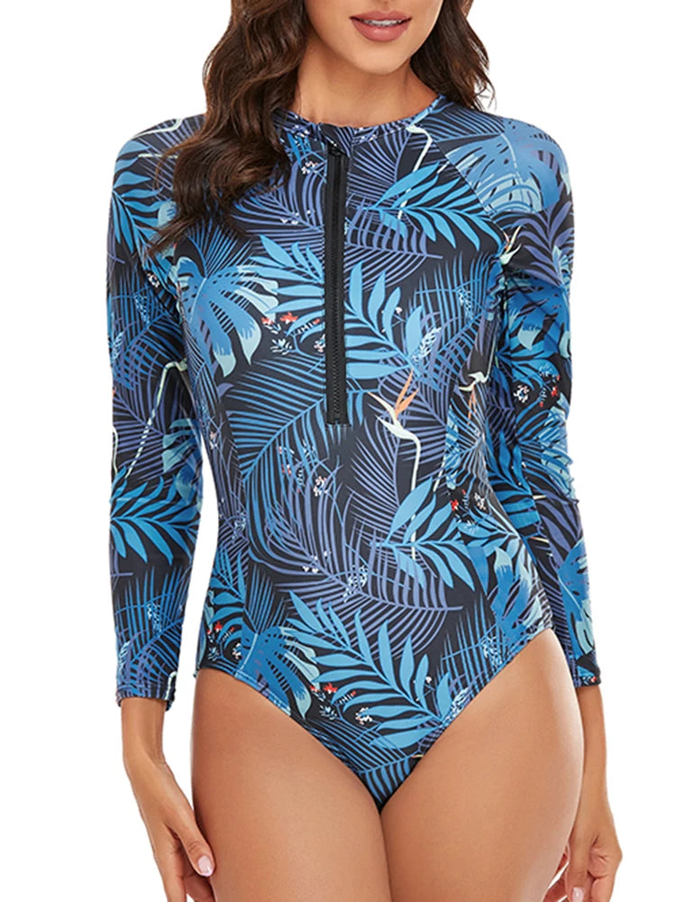 Half Zipper Surfing Swimsuit One Piece Long Sleeve Bathing Suit Women Printed Plus Size Swimwear Women Rashguard Diving XXL