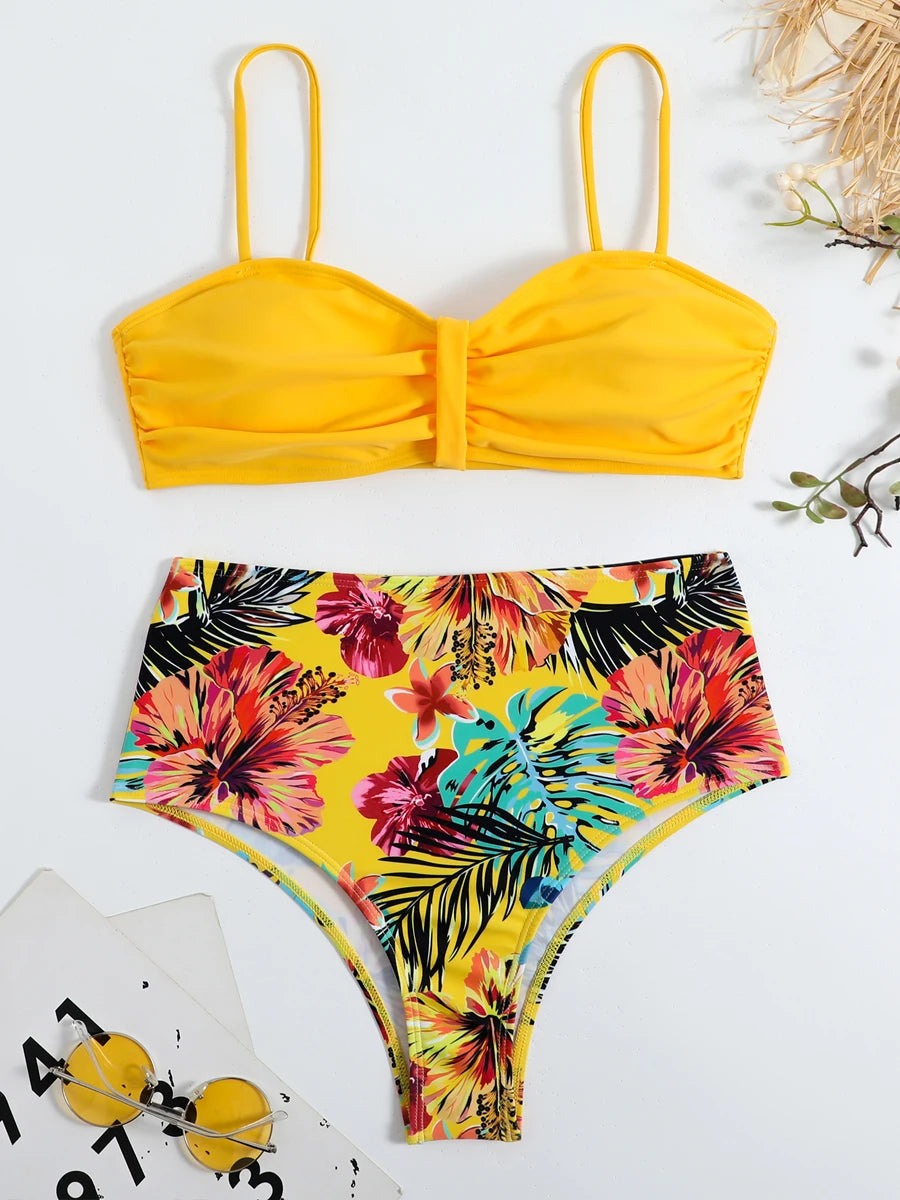 Solid Bandeau Bikini Set Women Tropical Printed Swimwear Female Push Up Swimsuit High Waist Bathing Suit Tie Back Beachwear