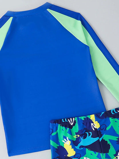 Boy Kids Swimsuit Solid Print Long Sleeves Two Piece Children Swimwear Summer Shorts Beach Wear Bathing Suit Swimming