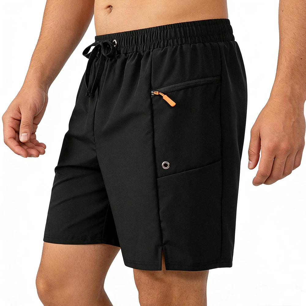 Men's Summer Black Quick Dry Casual Gym Shorts Elastic Waist Side Security Zippered Pocket Versatile for Running Fitness Hiking