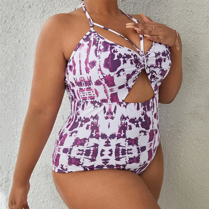 0XL - 4XL Printed Cut Out Halter Large Size Swimwear Plus Size One Piece Swimsuit Female Women Bather Bathing Suit Swim