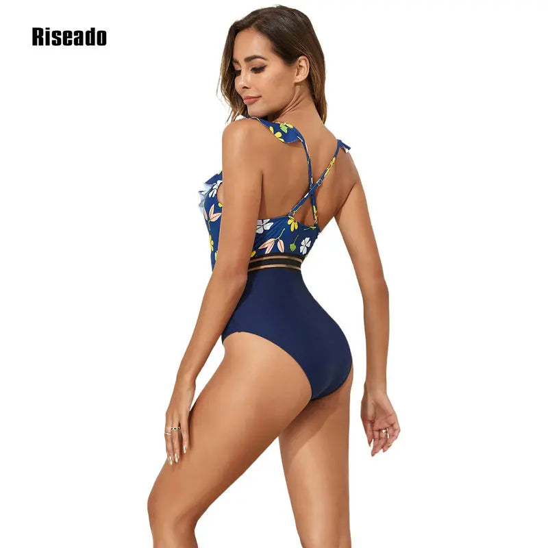 Riseado Ruffled One-Piece Swimsuit For Women Floral Sexy V-neck Backless Monokini Swimwear 2024 Mesh Bathing Suit Beachwear