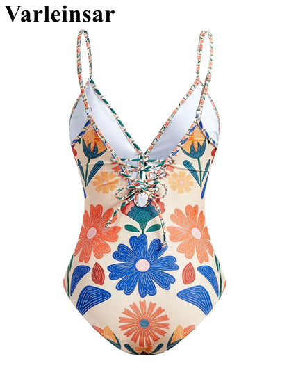 S - XL New Floral Printed With Skirt Women Swimwear One Piece Swimsuit Female V Neck High Leg Cut Bather Bathing Suit Swim V8041