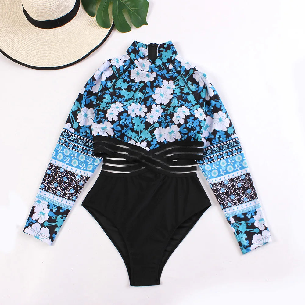 Long Sleeves Monokini Cut Out Swimwear Women One Piece Swimsuit Patchwork Bathing Suit Female Bodysuit  Surfing Suit