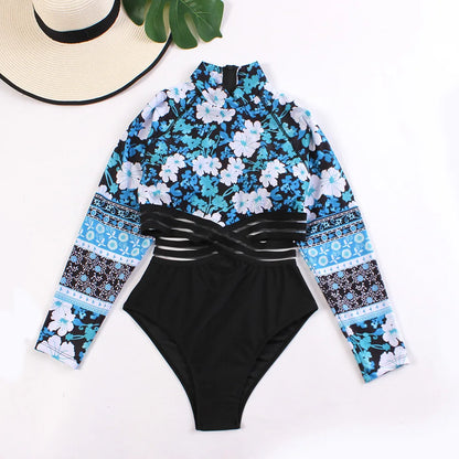 Long Sleeves Monokini Cut Out Swimwear Women One Piece Swimsuit Patchwork Bathing Suit Female Bodysuit  Surfing Suit