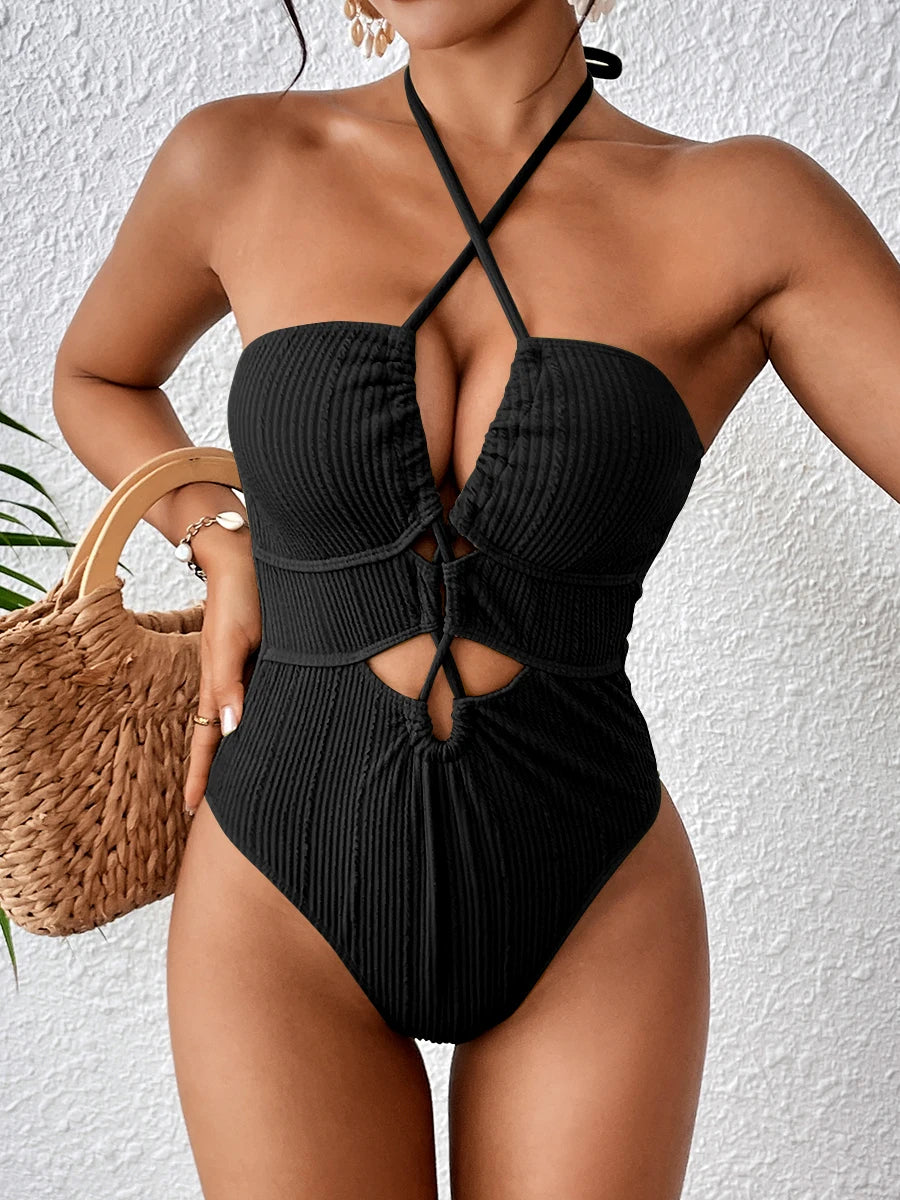 Halter Swimsuit One Piece Solid Hollow Swimwear Women Bathers Bathing Swimming Swim Suit Female Beachwear Bodysuit