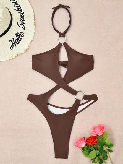 Tummy Cut Out Halter Women Thong Swimwear One Piece Swimsuit Female High Cut Monokini Rings Bathing Suit Swim Beach Wear