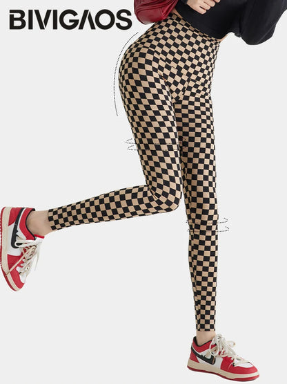 Checkerboard Plaid Shark Leggings Women High Waist Tight Slim Push Up Leggings Seamless Sports Fitness Leggings