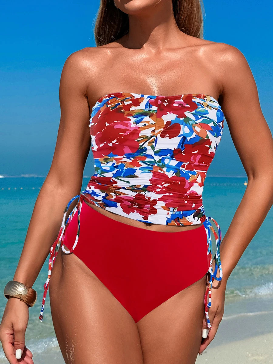 Halter Tankini Two Pieces High Waist Swimsuit Women Drawstring Swimwear Female Bathers Bathing Swimming Swim Suit Beachwear