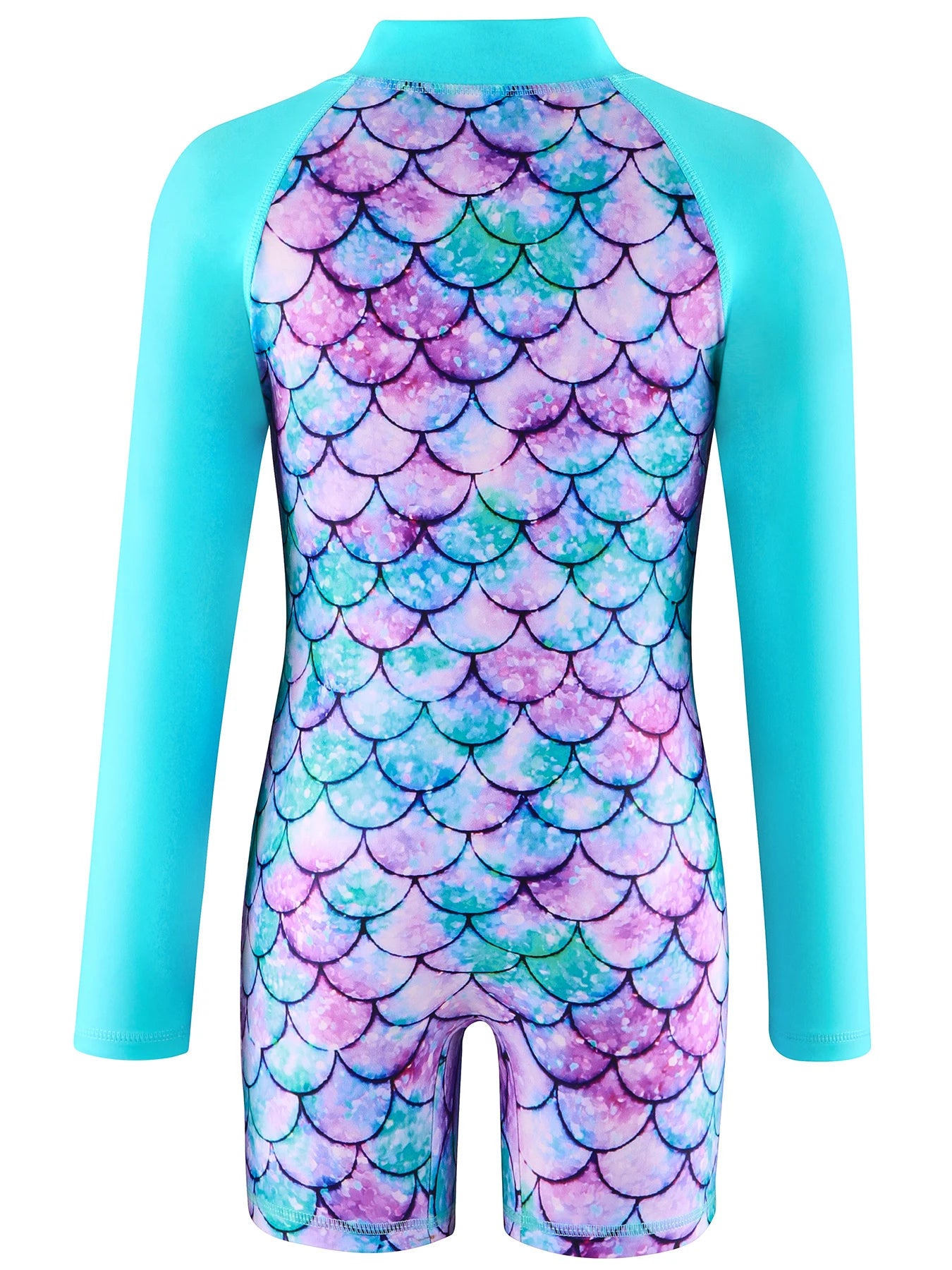 Boyleg Shorts Swimwear Kids Girl Long Raglan Sleeve Swimming Suit Kids Scale Print Ombre Dyeing Color Zipper Beach Swimsuit