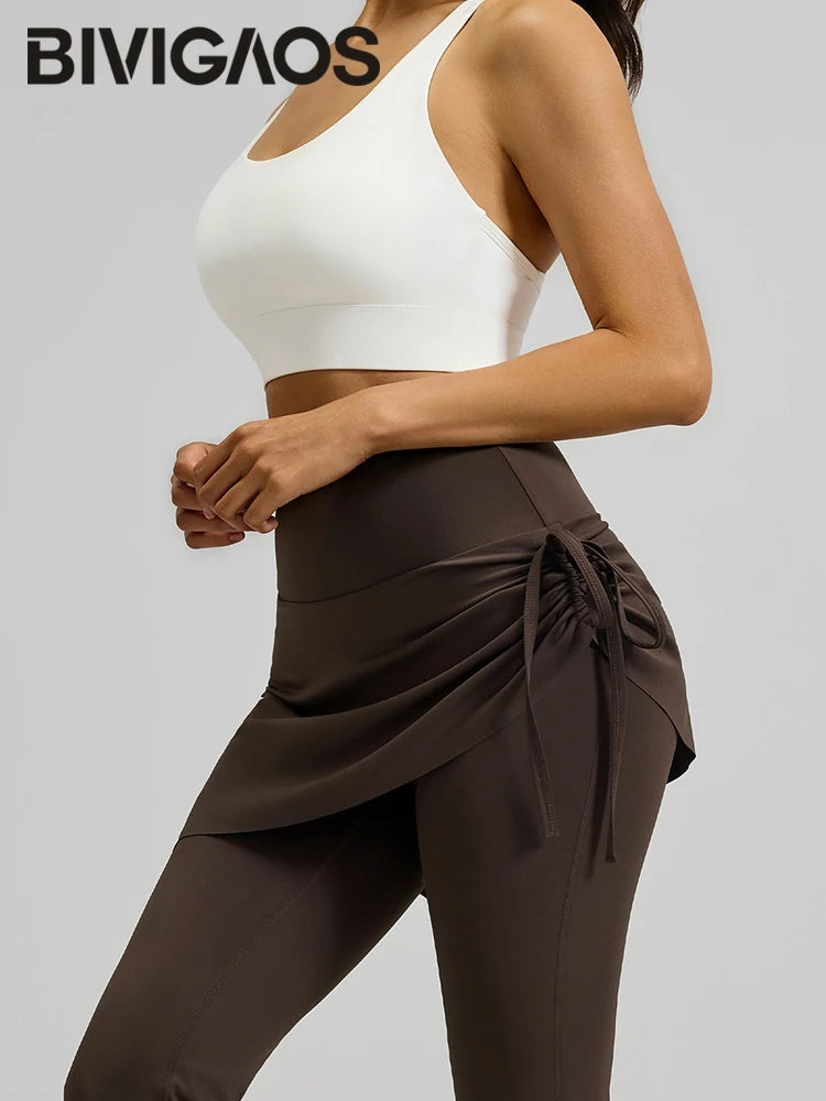 Spring Drawstring Pleated Yoga Leggings Skirt Pants Fake Two Piece Women High Waist Elastic Sports Fitness Leggings