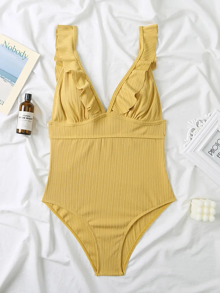 Ruffle Swimsuit One Piece Solid V-neck Backless Swimwear Women Bathing Swimming Swim Suit Female Padded Beach Wear Summer
