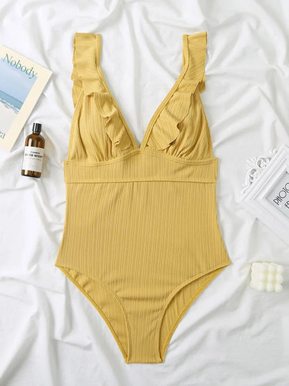 Ruffle Swimsuit One Piece Solid V-neck Backless Swimwear Women Bathing Swimming Swim Suit Female Padded Beach Wear Summer